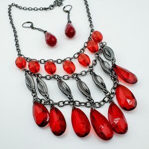 Vintage Parure Blood Red Teardrop Necklace Earrings Set Vampire Glam Bling Drape